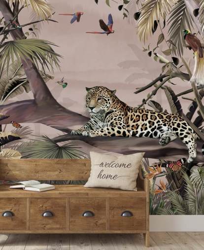 rosa jungel tapetmaleri kalt Relaxing Jungle Jaguar Pink på Wallsauce for stuer, soverom og bad
