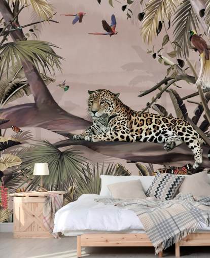 lyserød jungle tapetmaleri kaldet Relaxing Jungle Jaguar Pink på Wallsauce til stuer, soveværelser og badeværelser lyserød jungle tapetmaleri kaldet Relaxing Jungle Jaguar Pink på Wallsauce til stuer, soveværelser og badeværelser