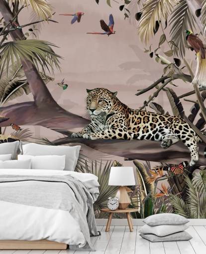 rosa djungel tapetväggmålning som heter Relaxing Jungle Jaguar Pink på Wallsauce för vardagsrum, sovrum och badrum