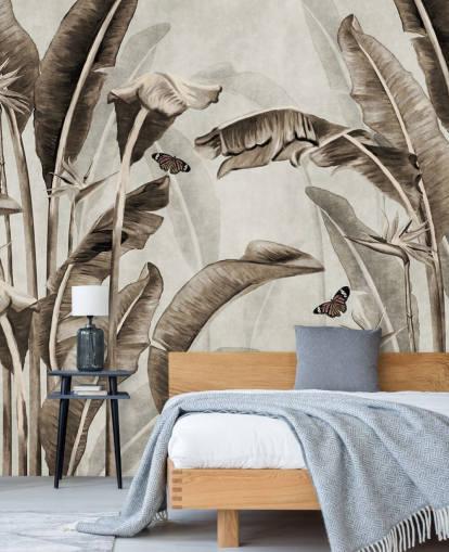 sepia tropical wallpaper mural called Sepia Palm Leaves and Butterflies at Wallsauce for home offices, bathrooms and kitchens sepia tropical wallpaper mural called Sepia Palm Leaves and Butterflies at Wallsauce for home offices, bathrooms and kitchens