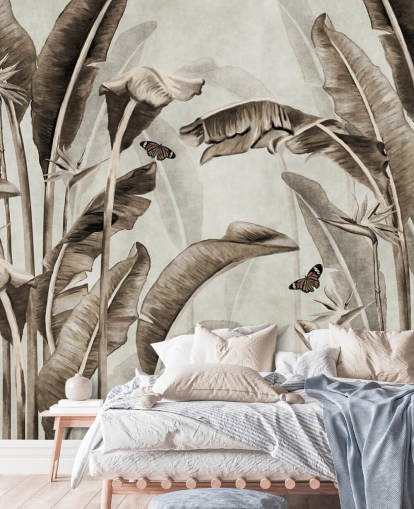 mural de papel pintado tropical sepia llamado Sepia Palm Leaves and Butterflies at Wallsauce para el hogar, oficinas, baños y cocinas