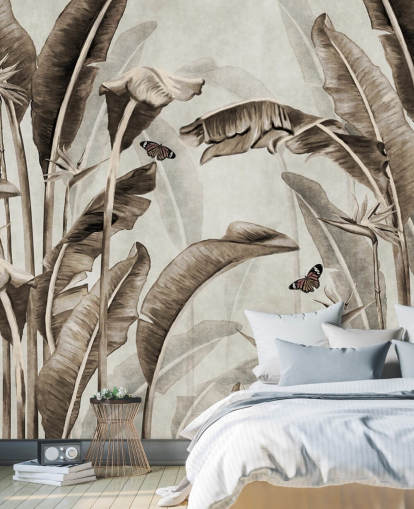 mural de papel de parede tropical sépia chamado Sepia Palm Leaves and Butterflies at Wallsauce para escritórios domésticos, banheiros e cozinhas mural de papel de parede tropical sépia chamado Sepia Palm Leaves and Butterflies at Wallsauce para escritórios domésticos, banheiros e cozinhas