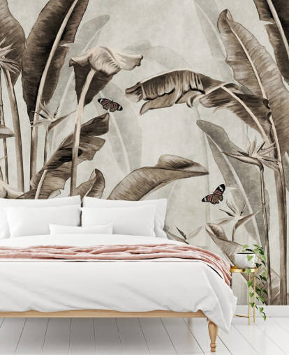carta da parati murale tropicale color seppia chiamata Sepia Palm Leaves and Butterflies at Wallsauce per casa, ufficio, bagno e cucina