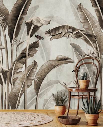 sepia tropical wallpaper mural called Sepia Palm Leaves and Butterflies at Wallsauce for home offices, bathrooms and kitchens