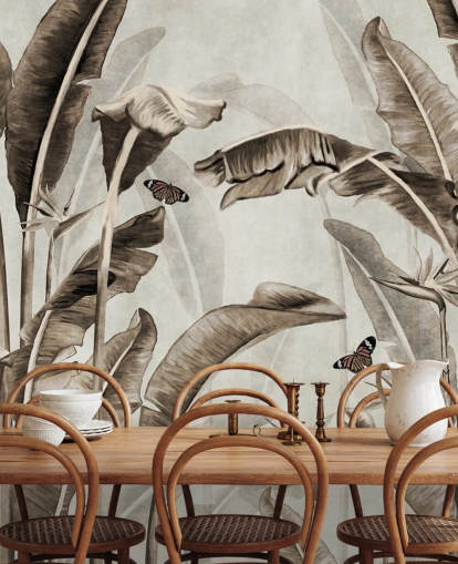 sepia tropische behangmuurschildering genaamd Sepia Palm Leaves and Butterflies at Wallsauce voor thuiskantoren, badkamers en keukens sepia tropische behangmuurschildering genaamd Sepia Palm Leaves and Butterflies at Wallsauce voor thuiskantoren, badkamers en keukens