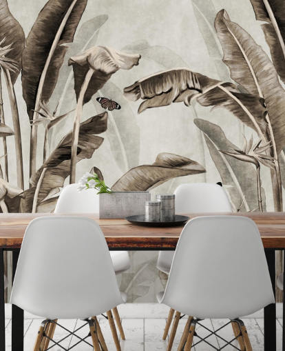 sepia tropical wallpaper mural called Sepia Palm Leaves and Butterflies at Wallsauce for home offices, bathrooms and kitchens