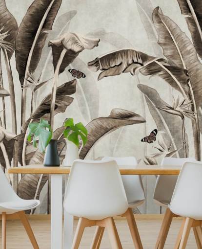 sepia tropical wallpaper mural called Sepia Palm Leaves and Butterflies at Wallsauce for home offices, bathrooms and kitchens