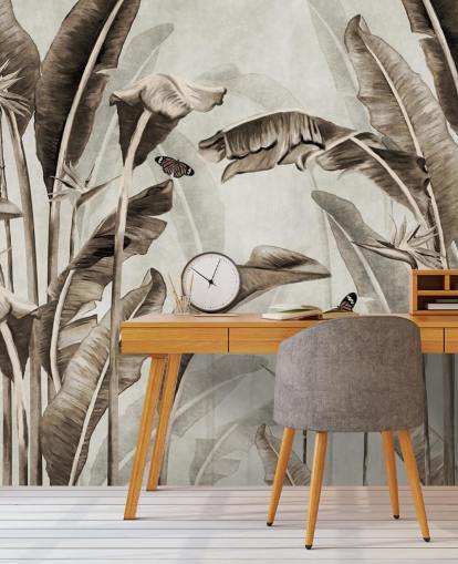 mural de papel de parede tropical sépia chamado Sepia Palm Leaves and Butterflies at Wallsauce para escritórios domésticos, banheiros e cozinhas