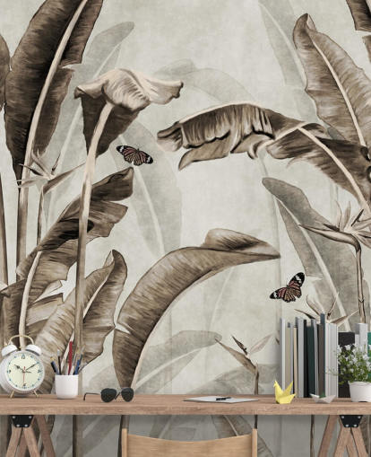 mural de papel pintado tropical sepia llamado Sepia Palm Leaves and Butterflies at Wallsauce para el hogar, oficinas, baños y cocinas