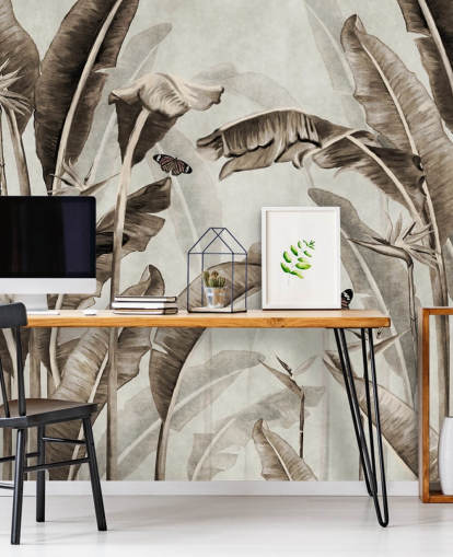 sepia tropische behangmuurschildering genaamd Sepia Palm Leaves and Butterflies at Wallsauce voor thuiskantoren, badkamers en keukens
