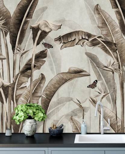 papier peint mural tropical sépia appelé Sepia Palm Leaves and Butterflies chez Wallsauce pour les bureaux à domicile, les salles de bain et les cuisines
