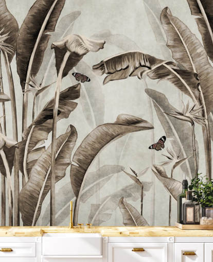 mural de papel de parede tropical sépia chamado Sepia Palm Leaves and Butterflies at Wallsauce para escritórios domésticos, banheiros e cozinhas