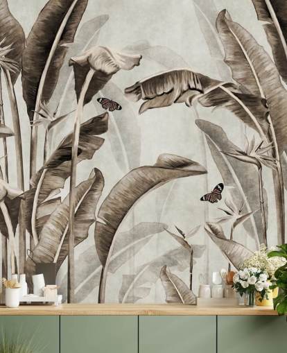 mural de papel de parede tropical sépia chamado Sepia Palm Leaves and Butterflies at Wallsauce para escritórios domésticos, banheiros e cozinhas mural de papel de parede tropical sépia chamado Sepia Palm Leaves and Butterflies at Wallsauce para escritórios domésticos, banheiros e cozinhas