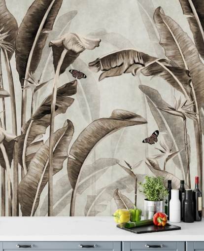 mural de papel pintado tropical sepia llamado Sepia Palm Leaves and Butterflies at Wallsauce para el hogar, oficinas, baños y cocinas
