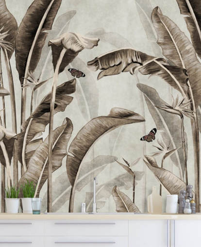 sepia tropical wallpaper mural called Sepia Palm Leaves and Butterflies at Wallsauce for home offices, bathrooms and kitchens