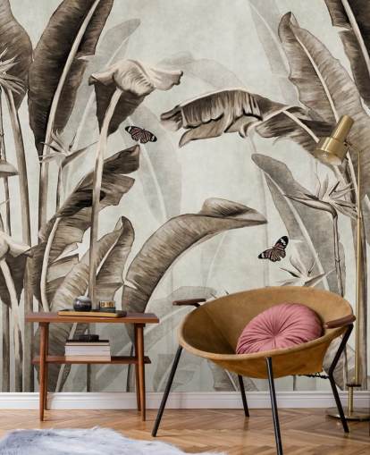 mural de papel de parede tropical sépia chamado Sepia Palm Leaves and Butterflies at Wallsauce para escritórios domésticos, banheiros e cozinhas