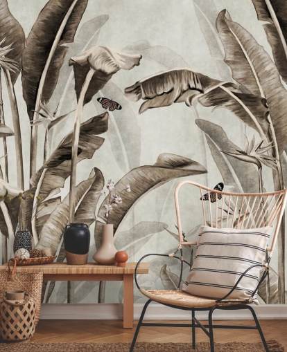 Tropische Sepia-Tapete mit dem Titel Sepia Palm Leaves and Butterflies in Wallsauce für Heimbüros, Badezimmer und Küchen