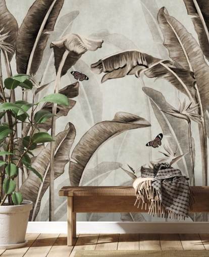 seepian trooppinen taustakuvamaalaus nimeltä Sepia Palm Leaves and Butterflies Wallsaucessa kotitoimistoihin, kylpyhuoneisiin ja keittiöihin