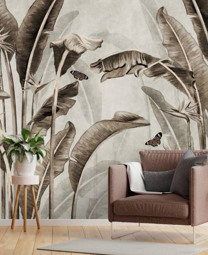 papier peint mural tropical sépia appelé Sepia Palm Leaves and Butterflies chez Wallsauce pour les bureaux à domicile, les salles de bain et les cuisines
