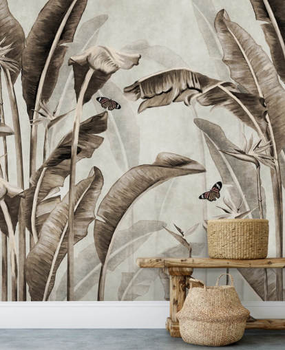 mural de papel pintado tropical sepia llamado Sepia Palm Leaves and Butterflies at Wallsauce para el hogar, oficinas, baños y cocinas mural de papel pintado tropical sepia llamado Sepia Palm Leaves and Butterflies at Wallsauce para el hogar, oficinas, baños y cocinas