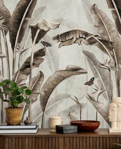 sepia tropisk tapetmaleri kalt Sepia Palm Leaves and Butterflies på Wallsauce for hjemmekontorer, bad og kjøkken