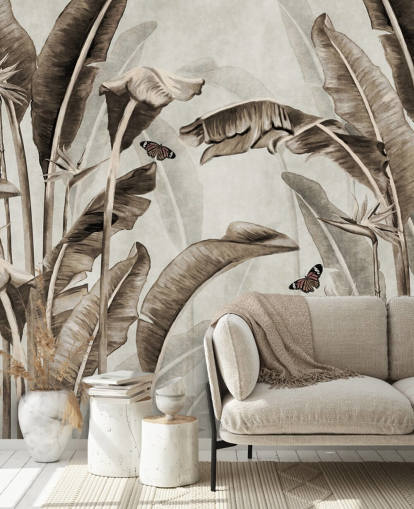 sepia tropisk tapetmaleri kalt Sepia Palm Leaves and Butterflies på Wallsauce for hjemmekontorer, bad og kjøkken sepia tropisk tapetmaleri kalt Sepia Palm Leaves and Butterflies på Wallsauce for hjemmekontorer, bad og kjøkken