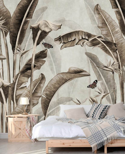 papier peint mural tropical sépia appelé Sepia Palm Leaves and Butterflies chez Wallsauce pour les bureaux à domicile, les salles de bain et les cuisines