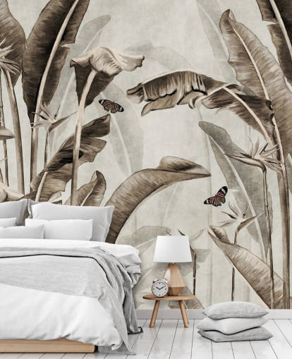 seepian trooppinen taustakuvamaalaus nimeltä Sepia Palm Leaves and Butterflies Wallsaucessa kotitoimistoihin, kylpyhuoneisiin ja keittiöihin