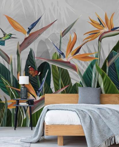 fargerikt tropisk tapetmaleri kalt Tropical Forest Flowers and Birds på Wallsauce for soverom og spiserom fargerikt tropisk tapetmaleri kalt Tropical Forest Flowers and Birds på Wallsauce for soverom og spiserom