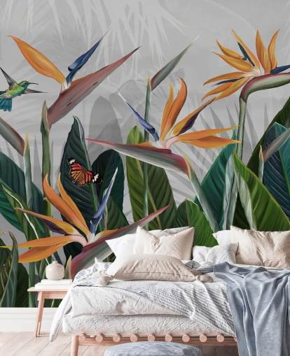 carta da parati murale tropicale colorata chiamata Tropical Forest Flowers and Birds at Wallsauce per camere da letto e sale da pranzo carta da parati murale tropicale colorata chiamata Tropical Forest Flowers and Birds at Wallsauce per camere da letto e sale da pranzo