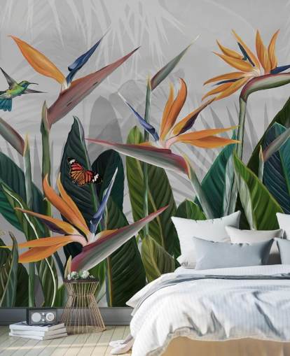 colourful tropical wallpaper mural called Tropical Forest Flowers and Birds at Wallsauce for bedrooms and dining rooms