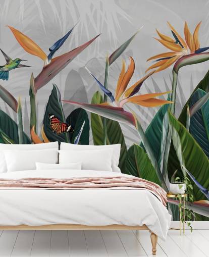 farverigt tropisk tapetmaleri kaldet Tropical Forest Flowers and Birds på Wallsauce til soveværelser og spisestuer farverigt tropisk tapetmaleri kaldet Tropical Forest Flowers and Birds på Wallsauce til soveværelser og spisestuer
