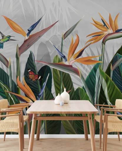 fargerikt tropisk tapetmaleri kalt Tropical Forest Flowers and Birds på Wallsauce for soverom og spiserom