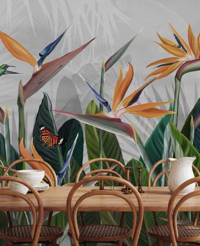 carta da parati murale tropicale colorata chiamata Tropical Forest Flowers and Birds at Wallsauce per camere da letto e sale da pranzo