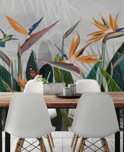 farverigt tropisk tapetmaleri kaldet Tropical Forest Flowers and Birds på Wallsauce til soveværelser og spisestuer farverigt tropisk tapetmaleri kaldet Tropical Forest Flowers and Birds på Wallsauce til soveværelser og spisestuer