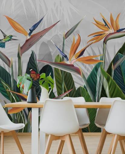 kleurrijke tropische behangmuurschildering genaamd Tropical Forest Flowers and Birds at Wallsauce voor slaapkamers en eetkamers