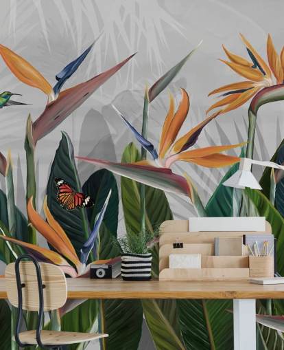 färgglad tropisk tapetväggmålning kallad Tropical Forest Flowers and Birds på Wallsauce för sovrum och matsalar