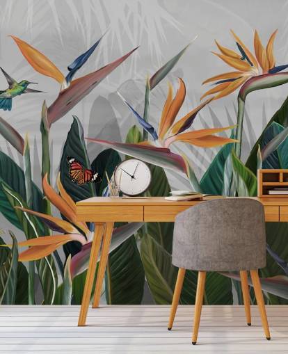 colourful tropical wallpaper mural called Tropical Forest Flowers and Birds at Wallsauce for bedrooms and dining rooms