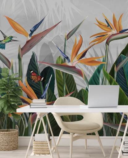 colorido mural de papel pintado tropical llamado Tropical Forest Flowers and Birds at Wallsauce para dormitorios y comedores