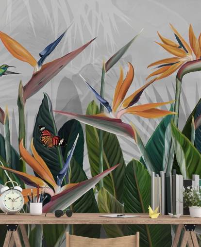 värikäs trooppinen taustakuvamaalaus nimeltä Tropical Forest Flowers and Birds at Wallsaucessa makuuhuoneisiin ja ruokasaleihin