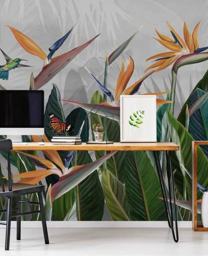 carta da parati murale tropicale colorata chiamata Tropical Forest Flowers and Birds at Wallsauce per camere da letto e sale da pranzo