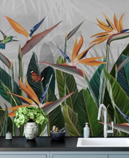 farbenfrohes tropisches Tapeten-Wandbild mit dem Titel Tropical Forest Flowers and Birds at Wallsauce für Schlafzimmer und Esszimmer