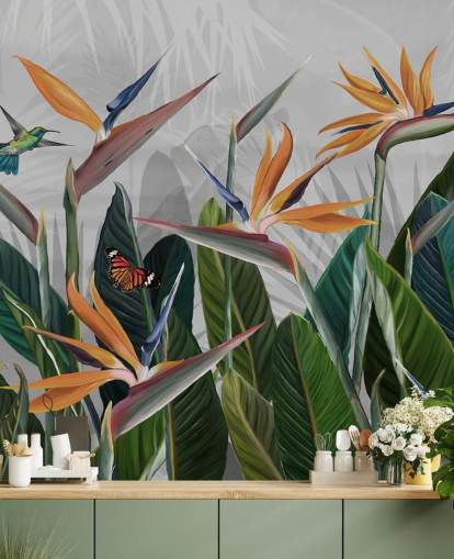 kleurrijke tropische behangmuurschildering genaamd Tropical Forest Flowers and Birds at Wallsauce voor slaapkamers en eetkamers kleurrijke tropische behangmuurschildering genaamd Tropical Forest Flowers and Birds at Wallsauce voor slaapkamers en eetkamers