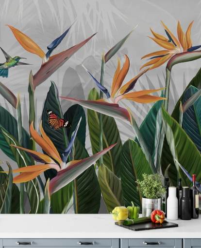 mural de papel de parede tropical colorido chamado Tropical Forest Flowers and Birds at Wallsauce para quartos e salas de jantar