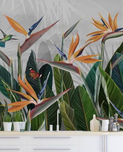 fargerikt tropisk tapetmaleri kalt Tropical Forest Flowers and Birds på Wallsauce for soverom og spiserom fargerikt tropisk tapetmaleri kalt Tropical Forest Flowers and Birds på Wallsauce for soverom og spiserom