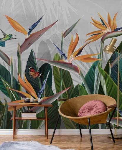 colourful tropical wallpaper mural called Tropical Forest Flowers and Birds at Wallsauce for bedrooms and dining rooms