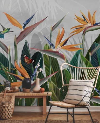 colorido mural de papel pintado tropical llamado Tropical Forest Flowers and Birds at Wallsauce para dormitorios y comedores