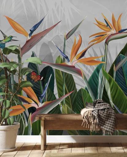 mural de papel de parede tropical colorido chamado Tropical Forest Flowers and Birds at Wallsauce para quartos e salas de jantar