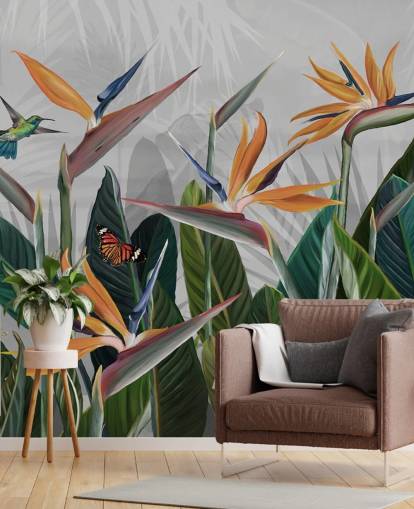 colorido mural de papel pintado tropical llamado Tropical Forest Flowers and Birds at Wallsauce para dormitorios y comedores