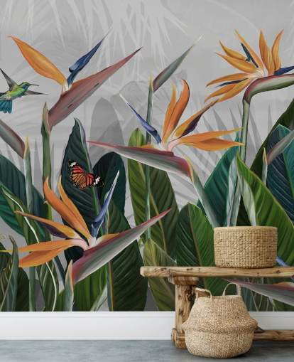 fargerikt tropisk tapetmaleri kalt Tropical Forest Flowers and Birds på Wallsauce for soverom og spiserom